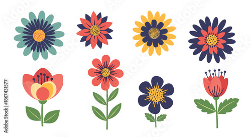 A charming set of eight stylized folk art flowers, featuring bold colors and simple geometric shapes, perfect for decorative designs and patterns on a white background.