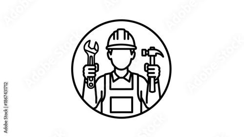 A worker is shown wearing a hard hat and apron with a tool in the foreground.