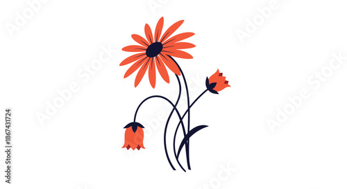A simple and elegant illustration of a stylized orange flower with a dark center, accompanied by two drooping buds on gracefully curving stems against a white background.
