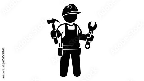 A worker in overalls holding a hammer and wrench in a simple illustration