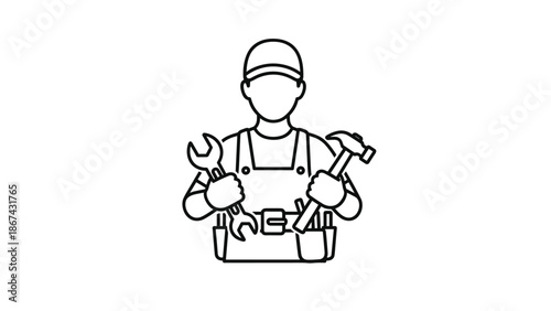 A craftsman with various tools in a workshop environment viewed from the front