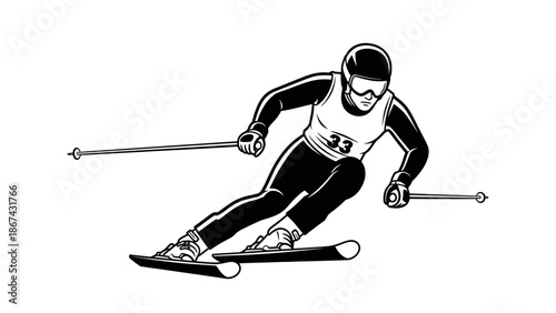 Man skiing down snow covered slope.