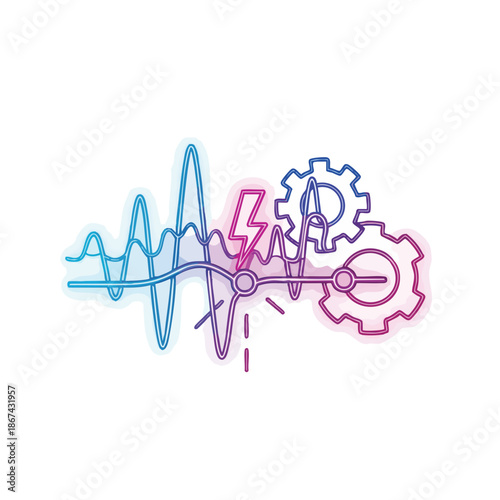 An abstract graphic blending diverse elements like sound waves, electrical impulses, and interconnected gears to illustrate complex technological systems and dynamic data flow.