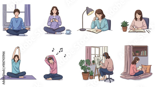 Collection of illustrations depicting a woman engaging in various relaxing and productive activities at home