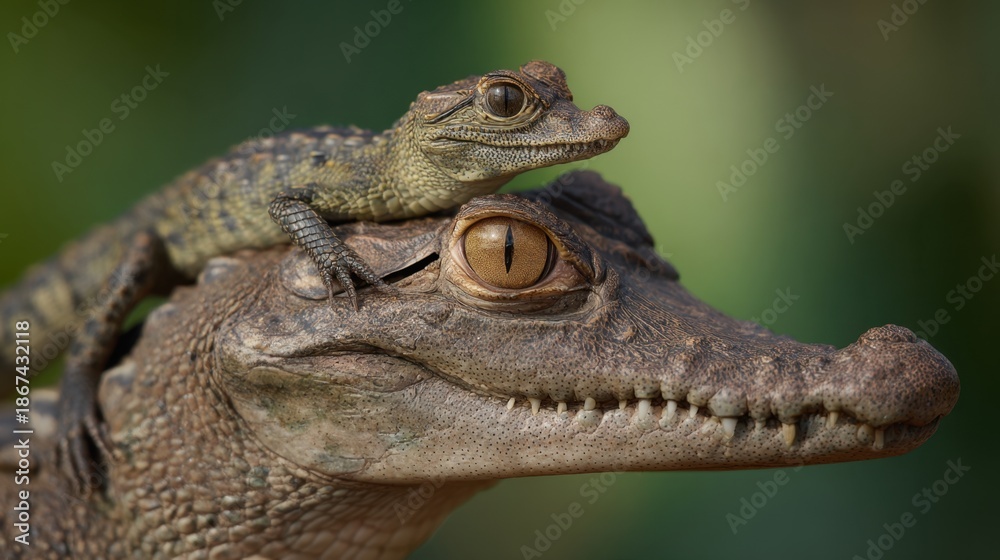 Fototapeta premium Close up side profile of adult alligator with a baby alligator on its head