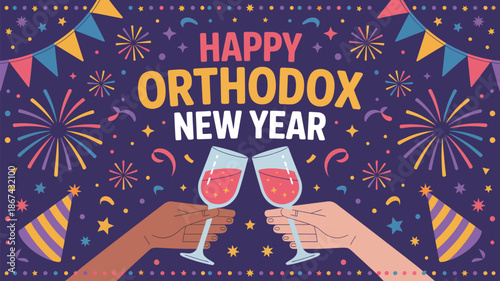 Happy Orthodox New Year celebration illustration with champagne toast fireworks party decorations and festive night holiday background