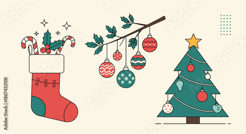 A minimalist set of three Christmas icons in a clean line art style, including a stocking with candy canes, ornaments on a branch, and a decorated tree.