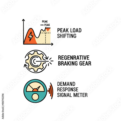 A collection of illustrative icons representing essential concepts in modern energy management, such as peak load shifting, regenerative braking, and demand response.