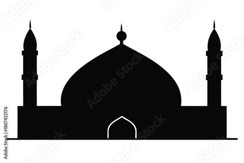 Large mosque silhouette with two minarets and a dome on a white background for design and architecture concepts with islamic