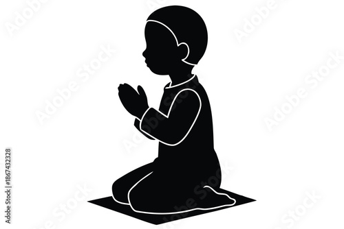 A young child in prayer with hands clasped together in a respectful kneeling position on a mat in a simple black and white illustration