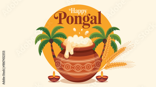 Happy Pongal Indian harvest festival illustration with traditional clay pot boiling rice sugarcane palm trees and oil lamps