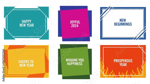 Colorful graphic design elements with holiday greetings and text layouts