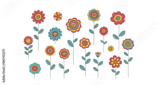 A delightful collection of colorful folk art flowers with stitched outline details, featuring whimsical patterns and simple stems and leaves for a crafty, handmade look.
