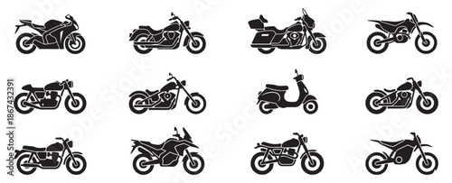 Motorcycle icons set. Motorbike black silhouettes. Motorcycles and scooters, bikes and choppers. Speed race and delivery retro and modern vehicles vector motor transport detail collection.