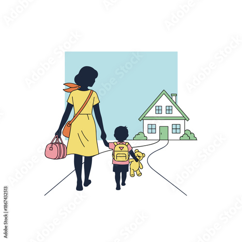 Woman walking with child towards home while carrying a bag  