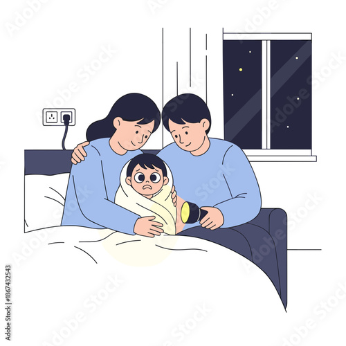Parents comforting scared child with flashlight in dark bedroom  