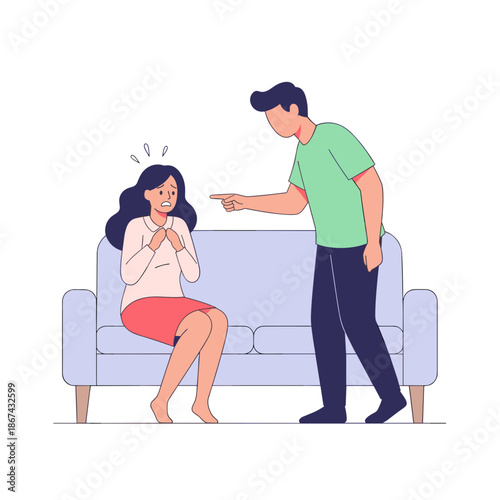 Man yelling at woman sitting nervously on couch in living room  