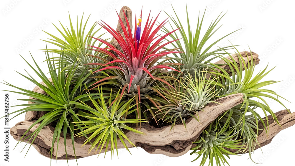 Fototapeta premium Colorful air plants on driftwood, isolated on transparent background