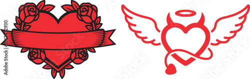 Two vibrant red heart symbols with contrasting designs on a clean white background