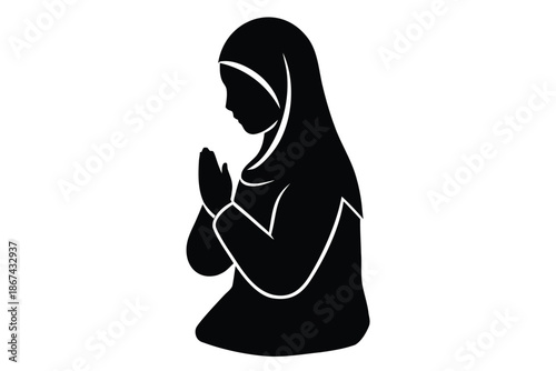 Black silhouette of a woman wearing a hijab praying with hands clasped in front of her face in a respectful and contemplative pose on white background