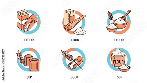 Isometric illustrations of flour products and baking elements for design use