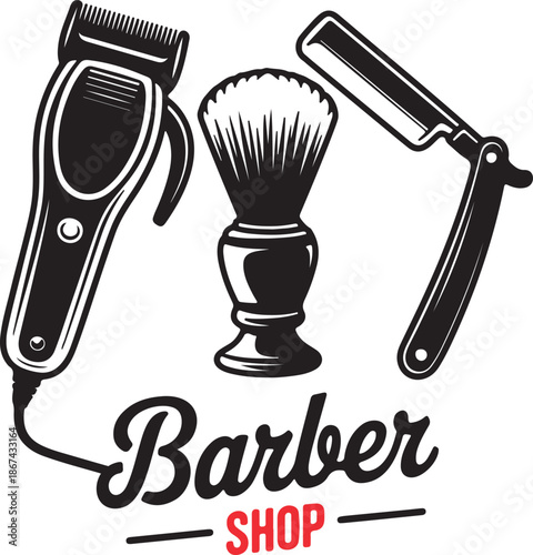 Classic barber shop logo design featuring essential grooming tools like a clipper and a straight razor