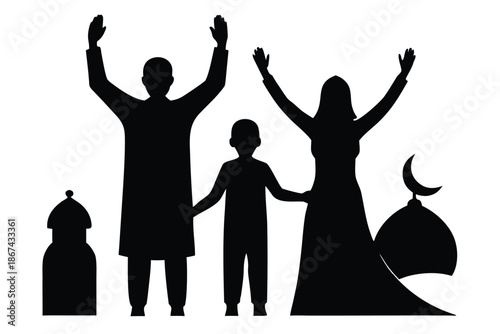 A family in silhouette celebrating with hands raised in a religious or cultural setting with mosque domes with celebration