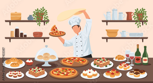 A cheerful chef tossing pizza dough in a restaurant kitchen filled with a delicious buffet of Italian foods like pizza, lasagna, pasta, and various desserts.