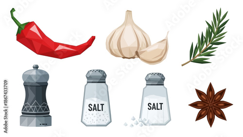 Culinary ingredients illustration chili pepper garlic rosemary spices