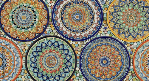 Colorful circular ceramic tiles with intricate patterns, arranged over a mosaic background with a vibrant, artistic aesthetic