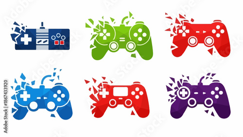 Abstract game controller set in various colors with shattered effect