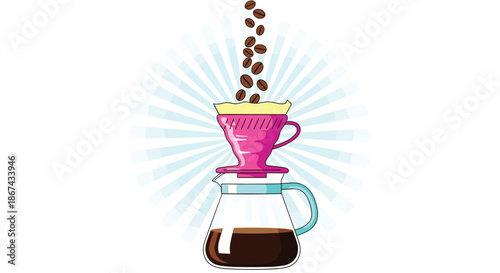 A retro-style illustration of coffee beans falling into a pink pour-over dripper, brewing coffee into a glass server against a vibrant sunburst background.