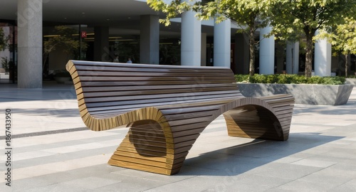 Outdoor wooden bench with a curved, flowing design. Placed on paved ground, trees in background