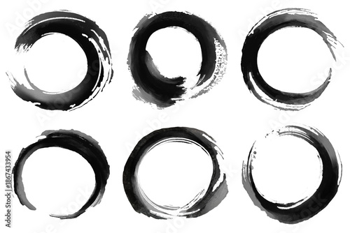 Set of hand-painted black ink Enso circles. Abstract Japanese zen symbols with grunge brush stroke texture. Minimalist oriental calligraphy elements transparent background. illustration.