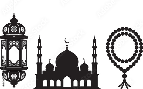 Traditional Islamic lantern, a grand mosque silhouette, and Muslim prayer beads on white