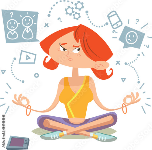A young red-haired girl sits in the lotus position. Concept of various human emotions. The emotion of anxiety. A yoga woman is anxious and worried