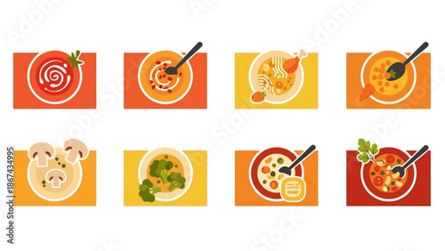 Variety of soups in bowls overhead view culinary food illustration
