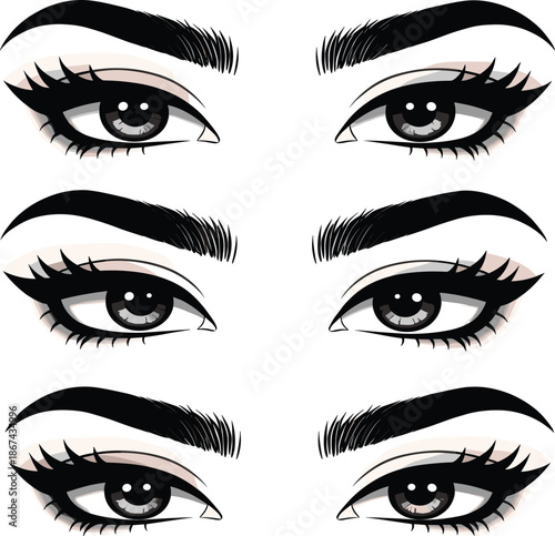 Set of Stylish Female Eyes with Bold Eyeliner Lash Extensions and Shaped Eyebrows for Beauty and Cosmetic Concept Vector.