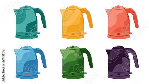 Colorful electric kettles modern designs for kitchen appliances illustrations