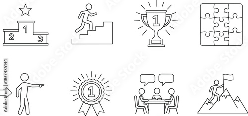 Collection of business success line icons featuring podium winners trophy cups puzzle pieces mountain climbing and professional leadership symbols.