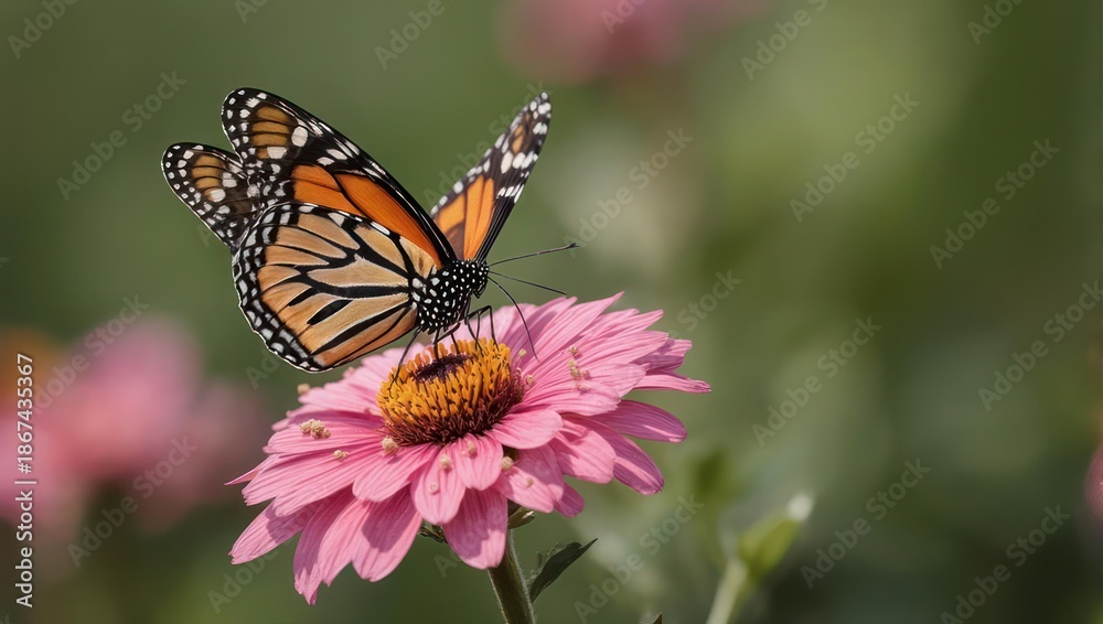 Obraz premium Monarch Butterfly Sipping Nectar from a Pink Zinnia Flower.