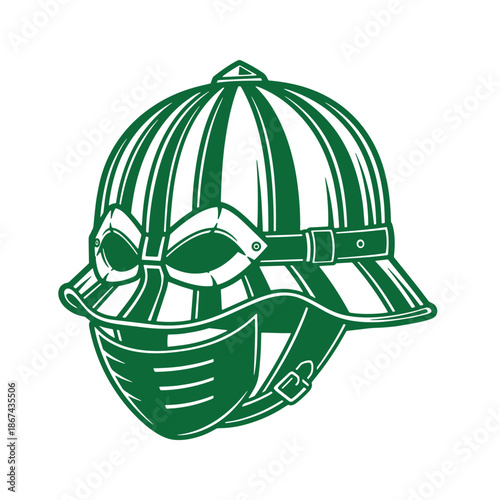Green cricket helmet with face guard and strap isolated on white background