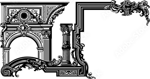 Elaborate Architectural Design Set with Corinthian Columns, Archway and Baroque Scrollwork Elements