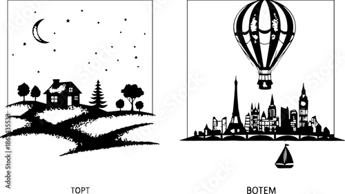 Two-Panel Stippled Illustration Set of a Peaceful Night Cabin and a Famous City Skyline with Hot Air Balloon
