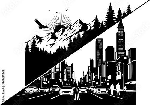 High Contrast Black and White Split Illustration of Majestic Mountain Forest and Busy Modern City Street with Traffic