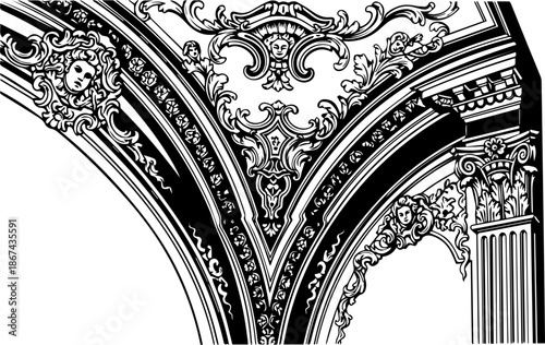 Intricate Baroque Architectural Ceiling Detail with Ornate Sculptures and Reliefs, Black and White Classical Engraving Style