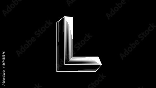 Abstract Isometric Letter L Composed of Parallel Lines, Modern Optical Illusion Architectural Design on Black Background