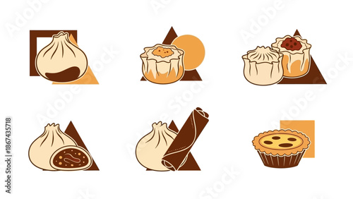 Assorted dim sum collection tasty asian food illustrations on white background