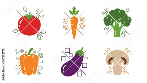 Vegetable icons set tomato carrot broccoli pepper eggplant mushroom