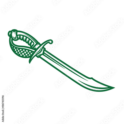 Green cutlass sword with ornate handle and curved blade  isolated on white background